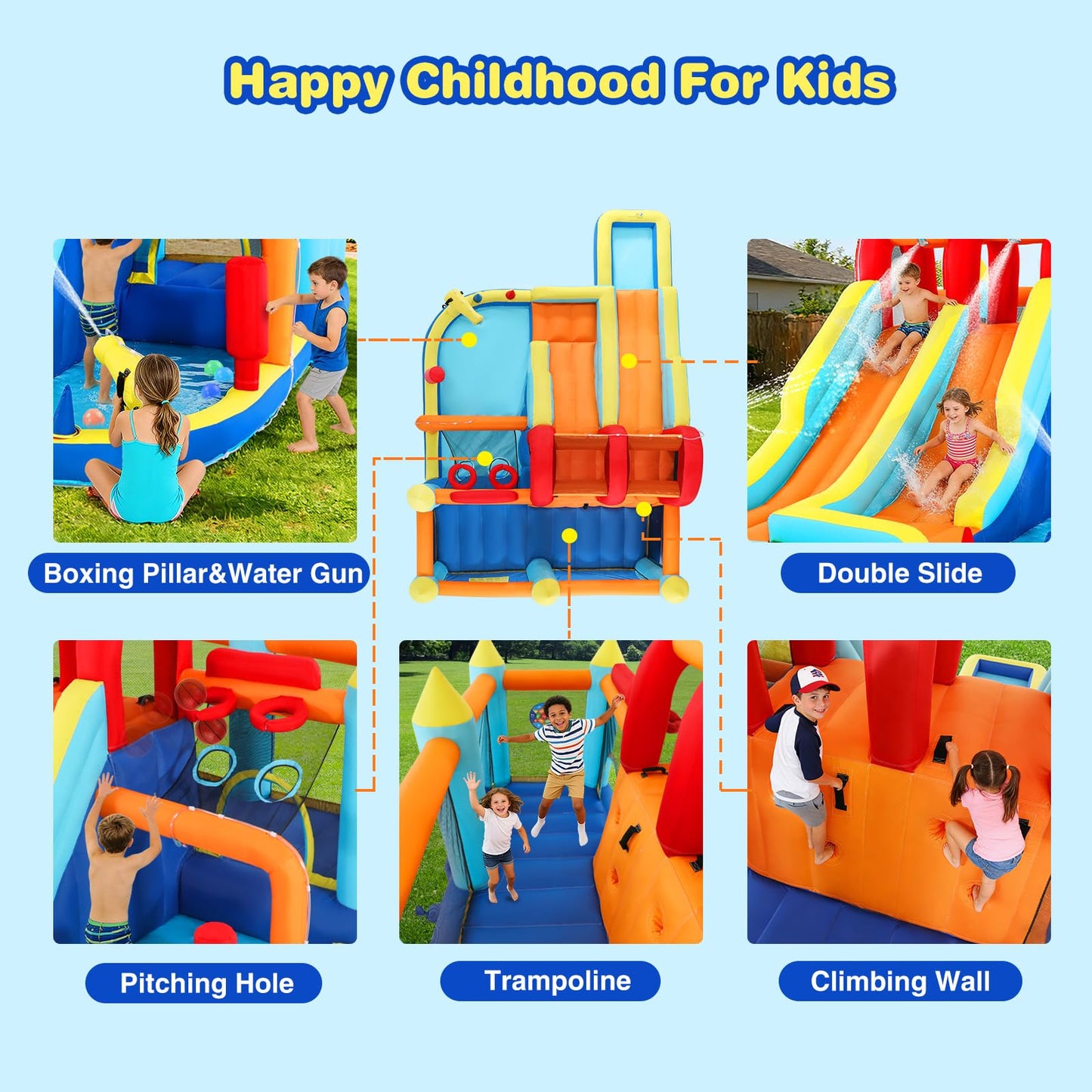 JOYLDIAS Inflatable Water Slide Park, Giant Bounce House with 450W Blower, Climbing Wall, Dual Basketball Hoops & Ring Toss Games - Outdoor Backyard Jumper for Kids Ages 3+
