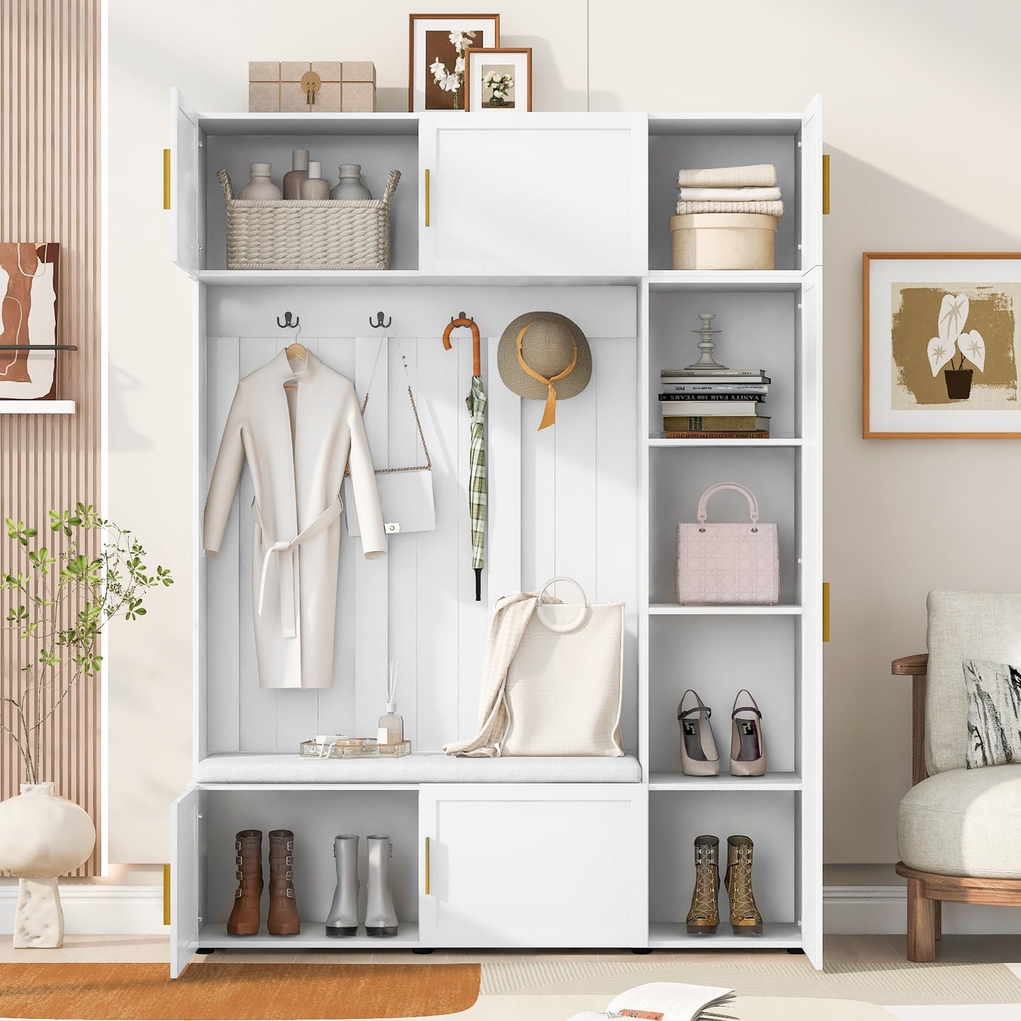 Merax 4-in-1 Hall Tree with Padded Bench, Coat Hooks, and Multi-Tier Storage Shelves – American Style Entryway Organizer for Shoes, Bags, Hats, and Daily Essentials, White