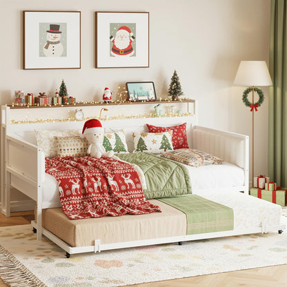 IRONCK Daybed with Trundle, Sturdy Metal Twin Bed Frame with X-Shaped Frame, Upholstered Farmhouse Daybed with Charging Station for Living Room, Bedroom, and Guest Room, White/Walnut
