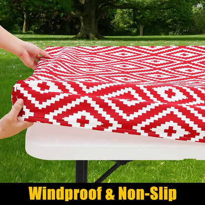 smiry Rectangle Picnic Table Cloth, Waterproof Elastic Fitted Outdoor Tablecloths for 4 Foot Tables, Red