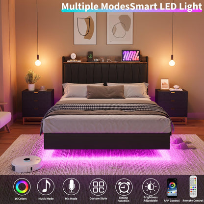 IDEALHOUSE King Floating Bed Frame with LED Lights & Charging Station, Upholstered Platform Bed with Storage Headboard, Wood Slats Support, No Box Spring Needed, Easy to Assemble, Black
