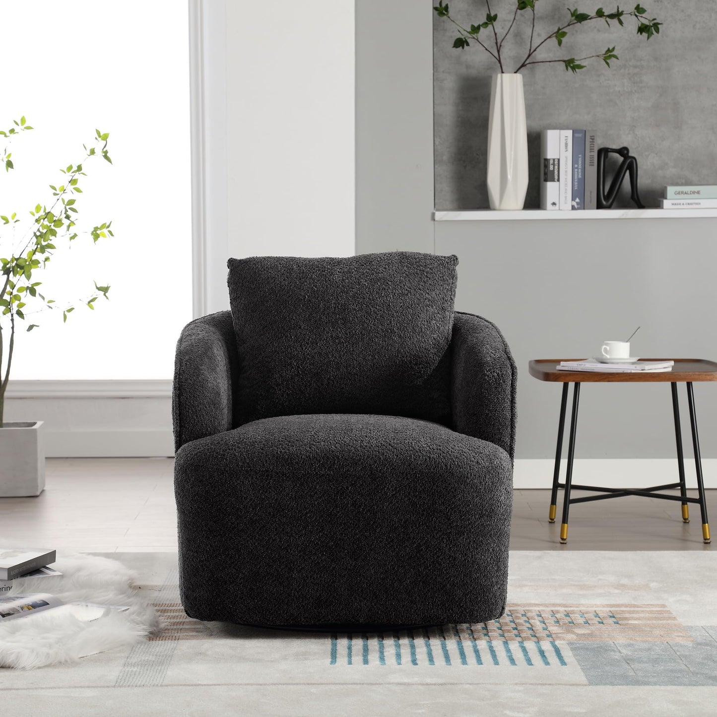 KEIKI 30" Boucle Round Accent Oversized Single Sofa Chair with High Resilience Cushion, Modern Style Upholstered Swivel Accent Barrel Chair, Lounge Armchair, Easy Assembly, for Living Room, Charcoal