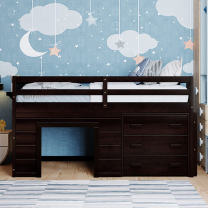 Merax Twin Wooden Loft Bed，Wood Bedframe for Kids Teens， Adults Bedroom with Cabinet, Shelf, Stairs, Espresso