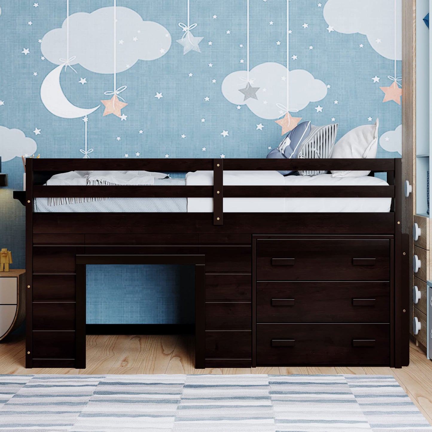 Merax Twin Size Loft Bed, Wood Bedframe for Kids Teens Adults Bedroom with Cabinet, Shelf, Stairs, Espresso