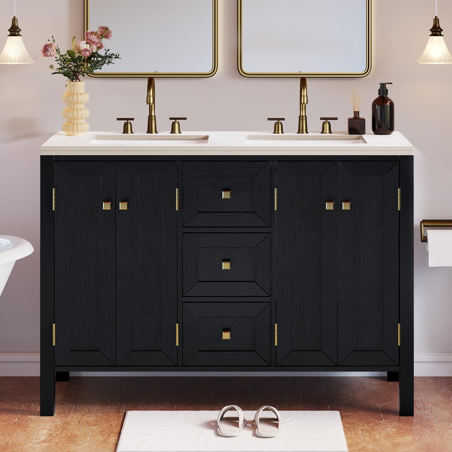 DWVO 47 Inch Bathroom Vanity with Double Sink, Retro Bathroom Storage Cabinet with Sintered Stone Countertop, Six Holes, 4 Doors & 3 Drawers