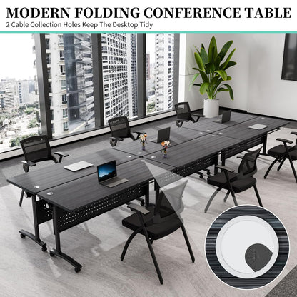 JNMDLAKO Modular Folding Conference Room Table with Wheels & 2 Cable Grommets - 6 Pack Flip Top Mobile Training Table,Modern Meeting Tables 2-30 Person, Black,61"x 19.6"x 29.5"