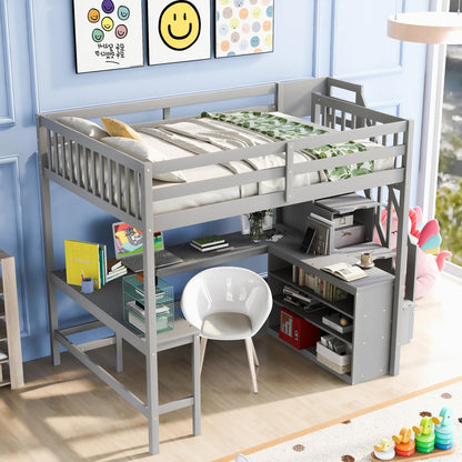 Ball & Cast Loft Bed Full Size with Built-in L-Shaped Desk and Three-Tier Storage Shelves,Wooden Bedframe w/Storager Staircase & Guardrails,Space Saving,Bedroom Furniture for Student Dorms,Gray