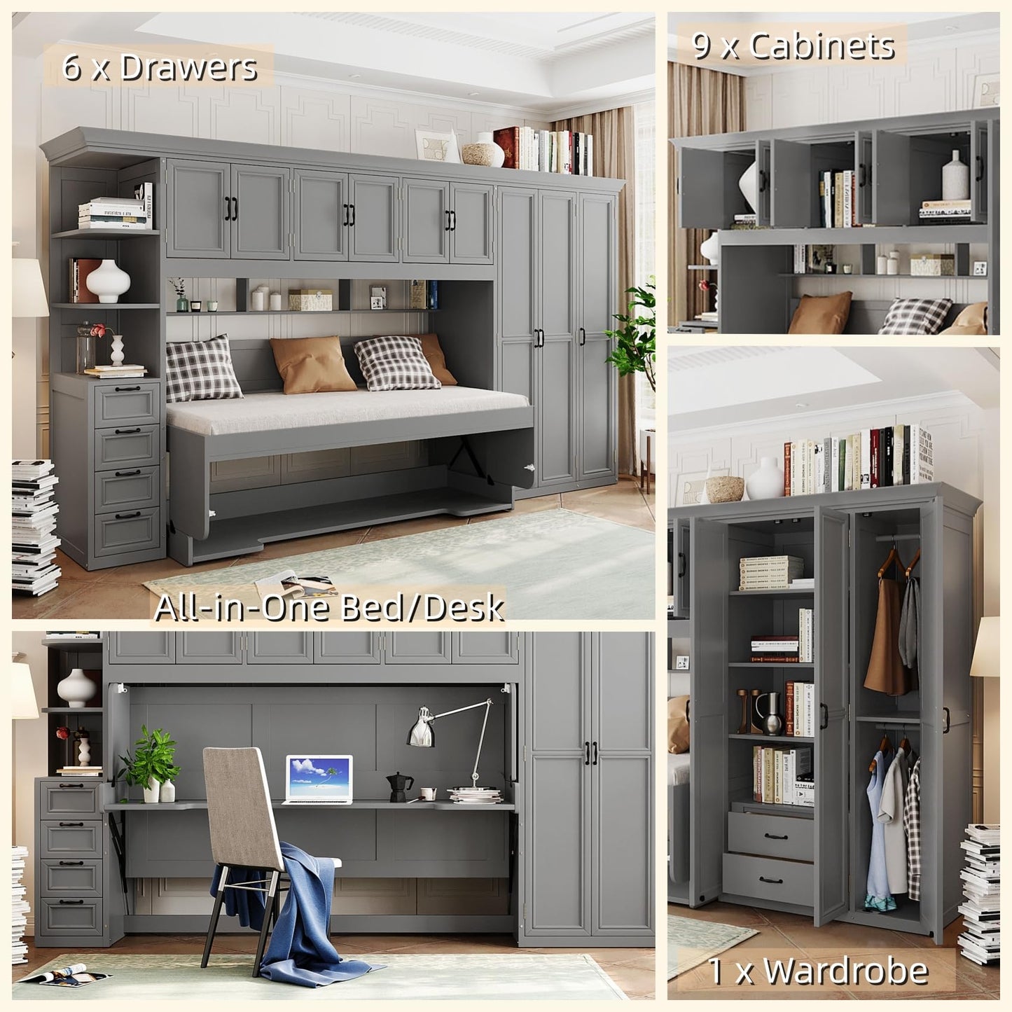 Merax Twin Size Murphy Bed with Desk, Multifunctional Wood Foldable Wall Bed with Wardrobe, Drawers and Cabinet, Space-Saving Hidden Bed for Guest Room Office, No Box Spring Needed, Grey