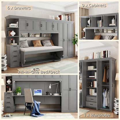 Merax Twin Size Murphy Bed with Desk, Multifunctional Wood Foldable Wall Bed with Wardrobe, Drawers and Cabinet, Space-Saving Hidden Bed for Guest Room Office, No Box Spring Needed, Grey