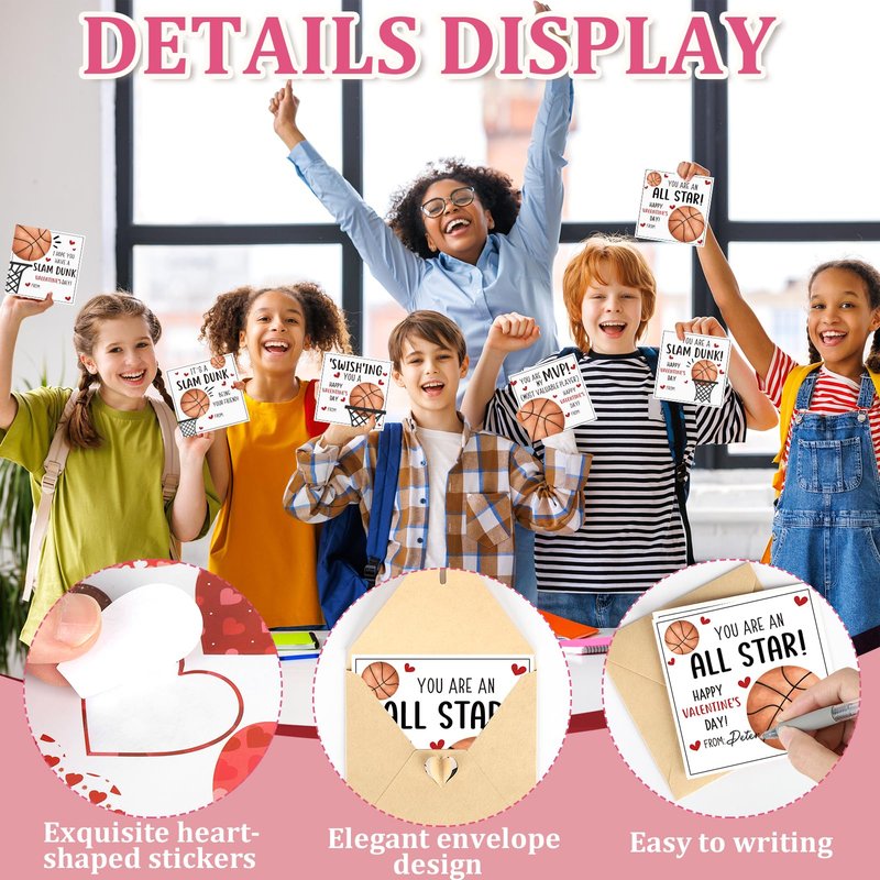 Hedeey 48 Pack Valentines Day Cards for Kids Classroom Basketball Valentine's Day Exchange Greeting Cards with Envelopes and Heart Stickers for Kids Classroom School Party Favors 4.3 * 4.3 inch