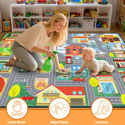 2.5x4 Car Rug for Kids Playroom - Road Rug for Boys Room Kids Play Mat with Road Tracks Car Play Mat, Feet