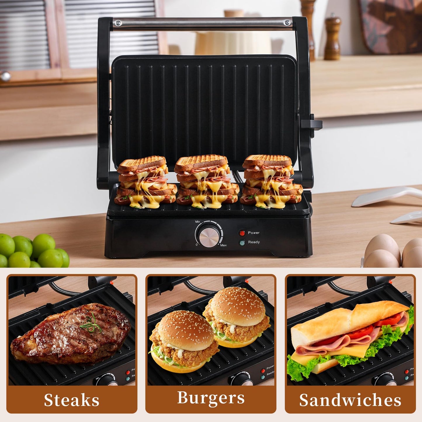 Panini Press Grill Sandwich Maker, Large Electric 3 in 1 Panini Sandwich Maker Grill, Open 180 Degrees for Grill Indoor, Perfect for Grilling Steaks, Burger, Sandwich,Non-stick Pan