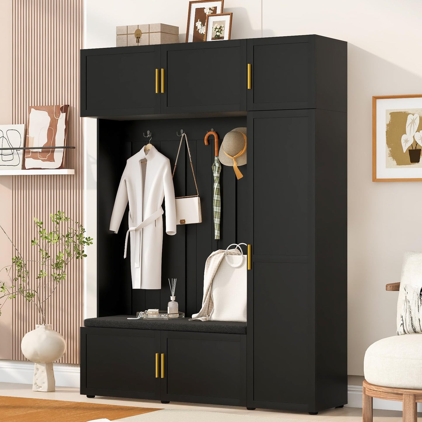 Amposei Modern Hall Tree with Shoe Storage Bench & Coat Rack, 79.72''H Tall Entryway Cabinet Organizer with 6 Doors, 4 Hooks & Padded Seat for Hallway Mudroom Living Room, Black