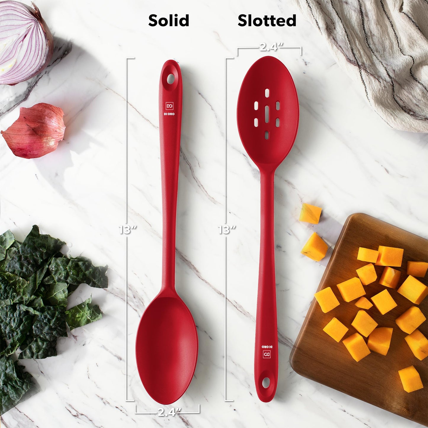 DIORO Silicone Mixing & Serving Spoons - Large Heat-Resistant Non Stick Utensils Big Solid & Slotted Basting & Stirring Spoons - Dishwasher Safe (2pc, Red)