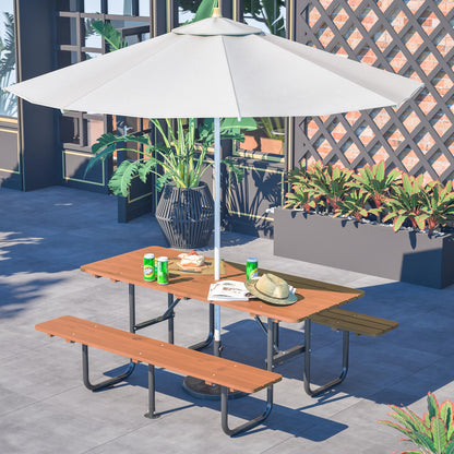 72" Rectangular Outdoor Picnic Table for 6 Person,Heavy Duty Wooden Dining Set with Built-in Benches,Metal Legs,1.97" Umbrella Hole,Waterproof&Corrosion-Resistant,Ideal for Garden, Backyard,Brown