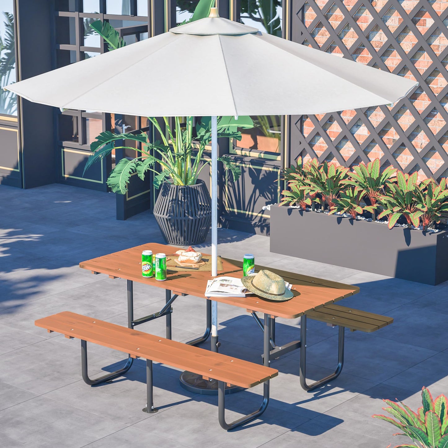 72" Rectangular Outdoor Picnic Table for 6 Person,Heavy Duty Wooden Dining Set with Built-in Benches, 1.97" Umbrella Hole, Waterproof&Corrosion-Resistant, Ideal for Garden, Backyard, BBQ,Courtyardfa