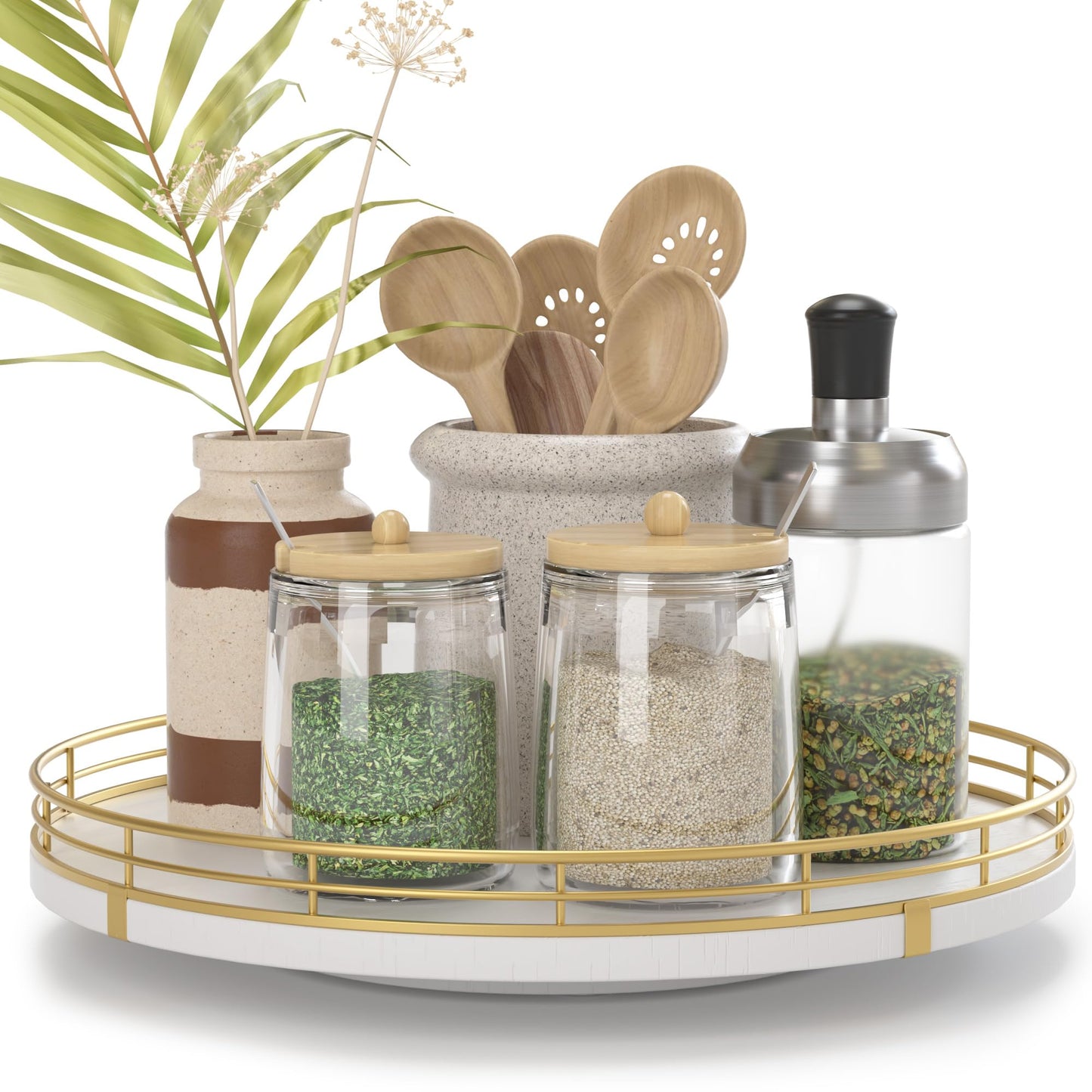 10" Wooden Lazy Susan Turntable for Cabinet – Rotating Spice Rack Organizer, Small Kitchen Countertop Tray for Dining Table & Pantry Storage (White & Gold)