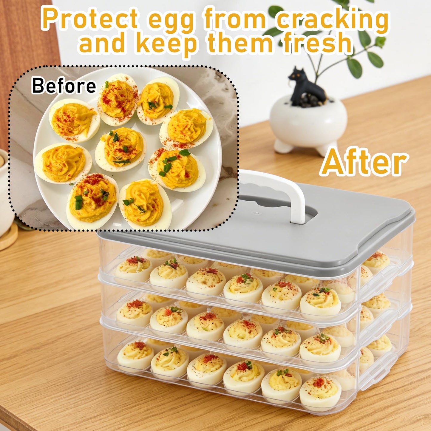 BOUTICOL 3-Layer Deviled Egg Container with Lid and Handle, Clear Plastic Deviled Egg Carrier Storage 72 Eggs, Portable Stackable Eggs Holder Platter for Easter, Thanksgiving Day, Party, Picnic