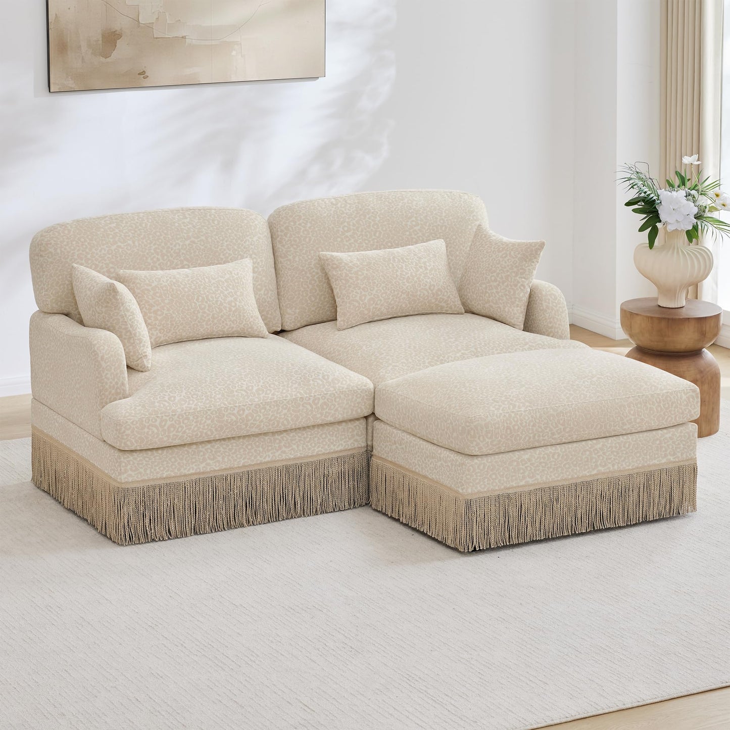 KEIKI 69.2" L Shaped Loveseat Sofa with Ottoman, Modular Chenille Leopard Print Couch with Tassel Trim, Deep Seat Sectional Sofa for Living Room Corner Seating