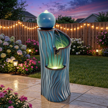 Ultym 32" H Ceramic Outdoor Water Fountain with Lights, Art Sphere Fountains for Outside, Soothing Cascading Waterfalls for Relaxing Garden Patio Yard or Porch Decor, Turquoise, Dynamic Wave-Texture