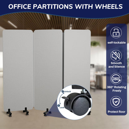KERRAM 3 Panel Foldable Office Partitions, Mobile Cubicle Wall with Wheels, 71 x 66 Inch Noise Cancelling & Sound Proof Room Dividers Partition Wall, Aluminum Frame Gray