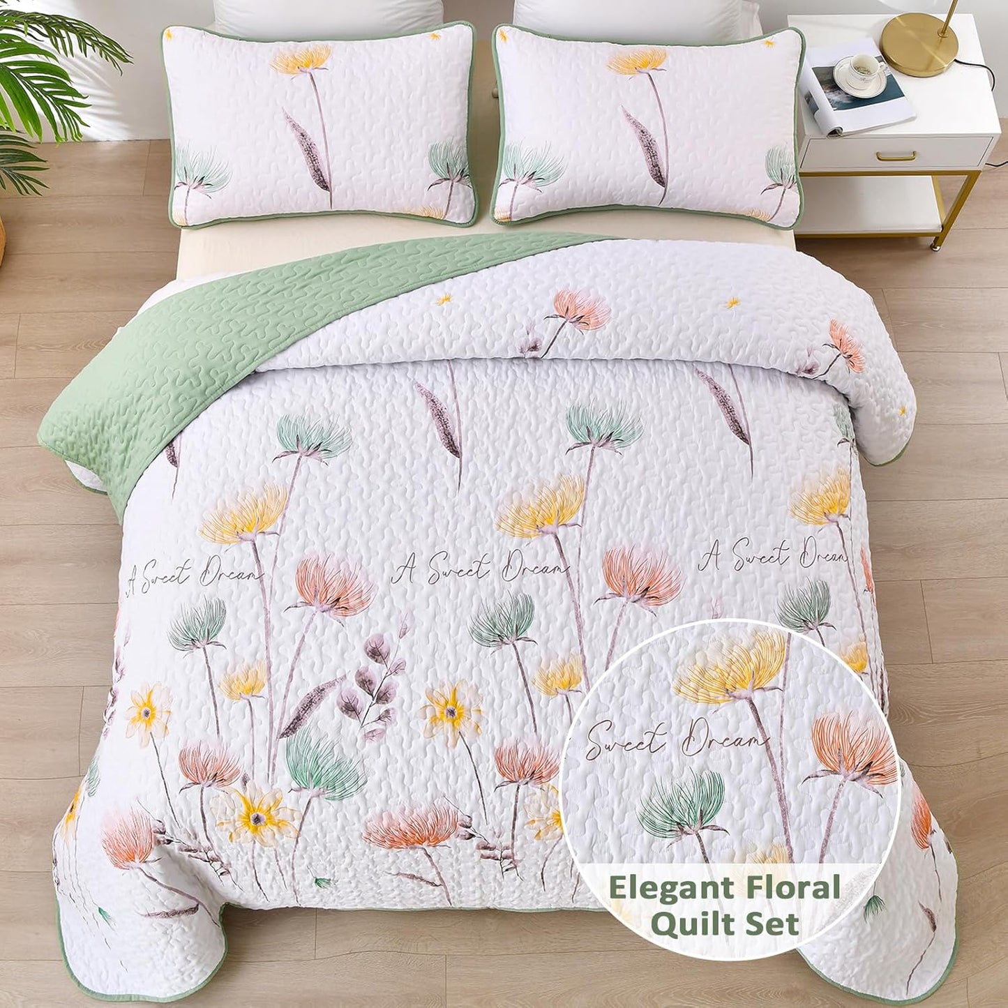 Set 2 Set Sets 68"x86" Dinjoy Floral Quilt Twin Size,Sage Green Bedspreads for Girls Pieces Cute Botanical Bedding