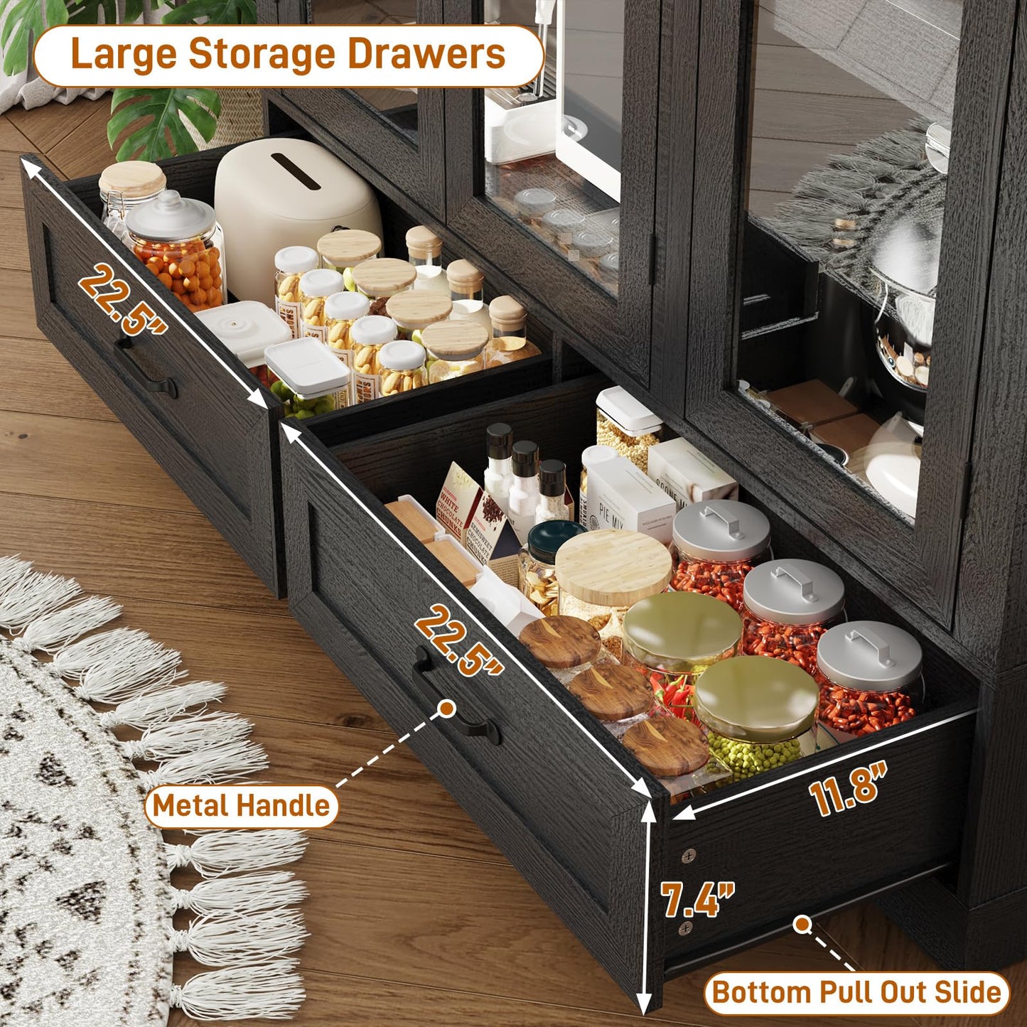73" Tall Arched Kitchen Pantry Cabinet w Load-Bearing Steel Pipe,Modern Farmhouse Kitchens Storage Cabinet with Drawer and Glass Doors,Tall Arched Bookcase,Pantry Organizer(Woodgrain Black)