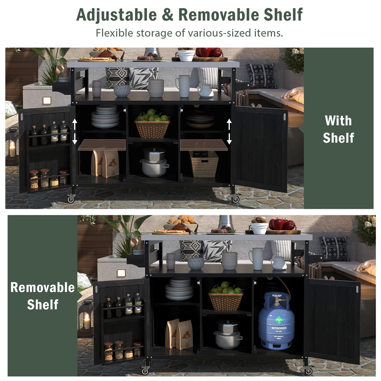 Ball & Cast Outdoor Kitchen Island,Rolling Bar Cart & Storage Cabinet,Farmhouse Solid Wood Outdoor Grill Table with Stainless Steel Top,Spice and Towel Rack,for Kitchen,Barbecue,Black,50.25"