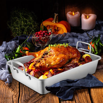 Leonyo Large Turkey Roasting Pan with V-shaped Rack, Rectangular 16 x 11.5 Inch Stainless Steel Turkey Roaster Pan with Rack Heavy Duty for Chicken Lasagna Vegetables Brownie, Dishwasher Safe, 2Pcs