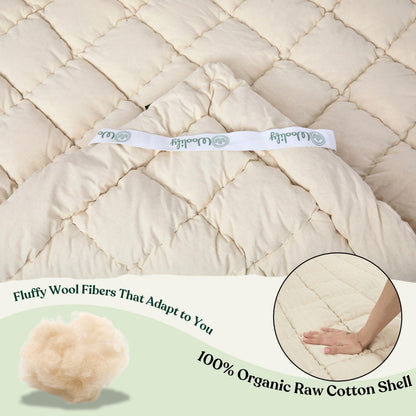 Woolify Organic Merino Wool Mattress Topper 1650 GSM - Pillow Top Mattress Pad, Handmade, Non-Toxic, Cooling and Hypoallergenic Wool Topper for Back Pain Relief (Twin XL)