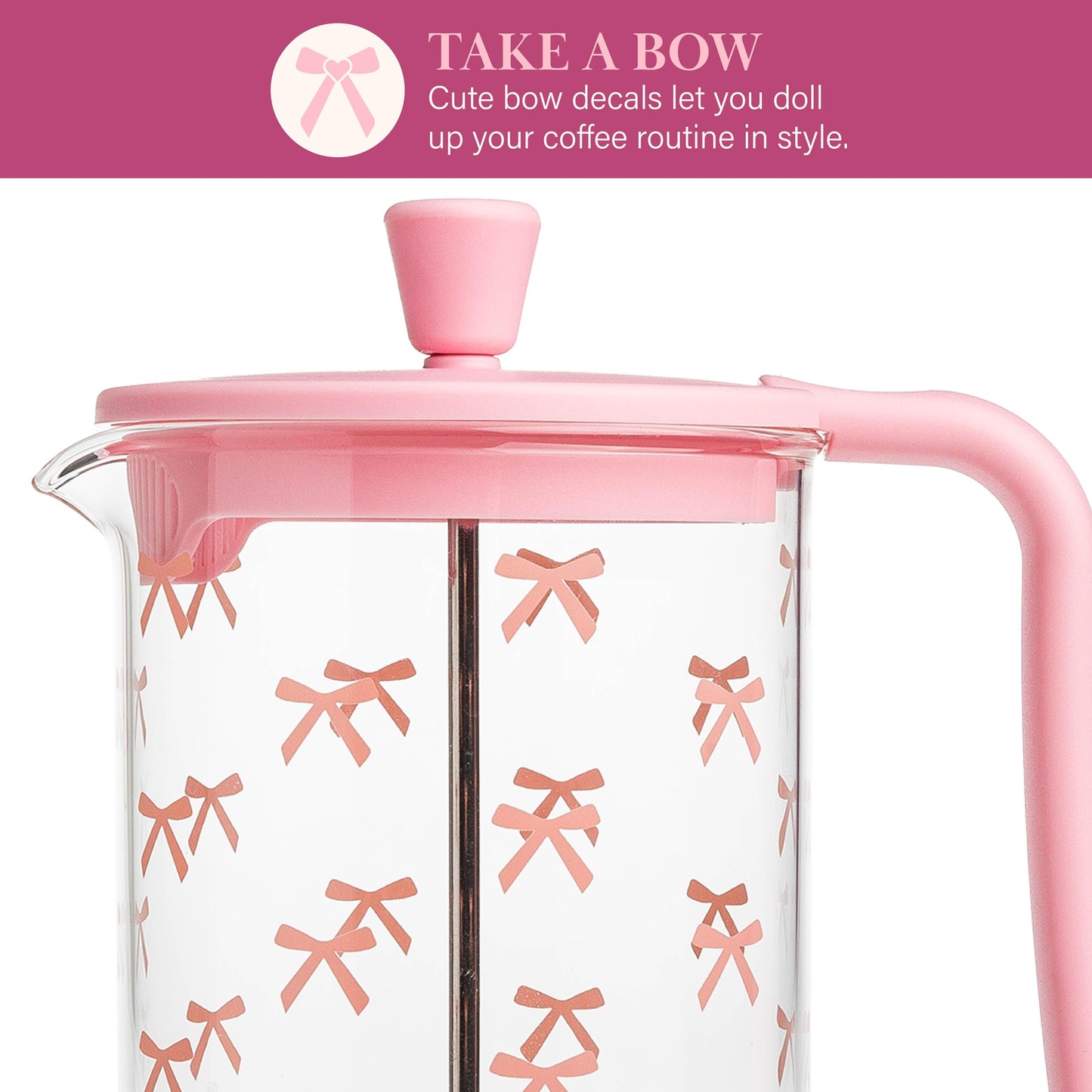 Paris Hilton Bow Design French Press and Frother Coffee Gift Set, Includes a 8-Cup Coffee Press and Battery Operated Handheld Milk Frother, 2-Piece Set, Pink