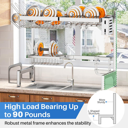 Over The Sink Dish Drying Rack, Full Stainless Steel 2-Tier Kitchen Counter Dish Drainer Rack Adjustable (33.8 to 41.5 inch), Expandable Dish Drying Rack with Kitchen Accessories, Silver