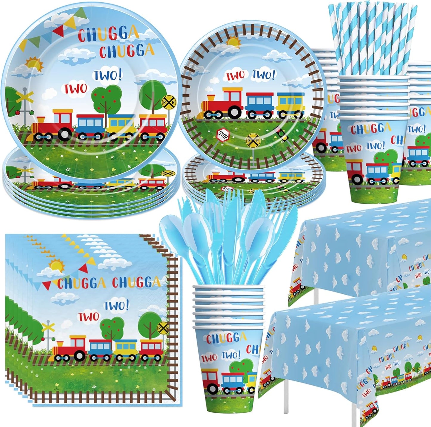 APOWBLS 2nd 24 Chugga Chugga Two Two Birthday Party Supplies, Paper Plate, Cup, Napkin, Disposable Cutlery, Tablecloth