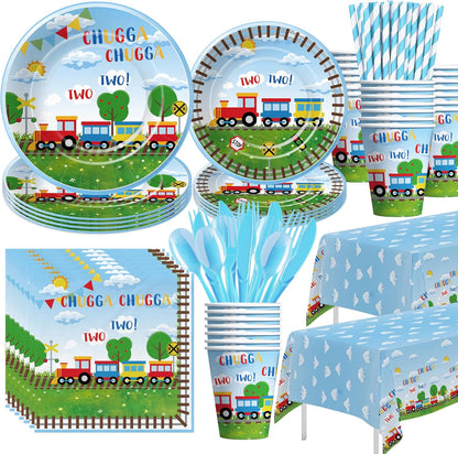 APOWBLS 2nd 24 Chugga Chugga Two Two Birthday Party Supplies, Paper Plate, Cup, Napkin, Disposable Cutlery, Tablecloth