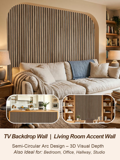Mollywell Wood Slat Wall Panels, Walnut Acoustic Wall Panel 94.5x12.5 Inch, 8ft Arc Slat Wall Paneling, Flexible 3D Sound Proof Accent Wall Boards NRC 0.95 for TV Backdrop Bedroom, Pack of 6