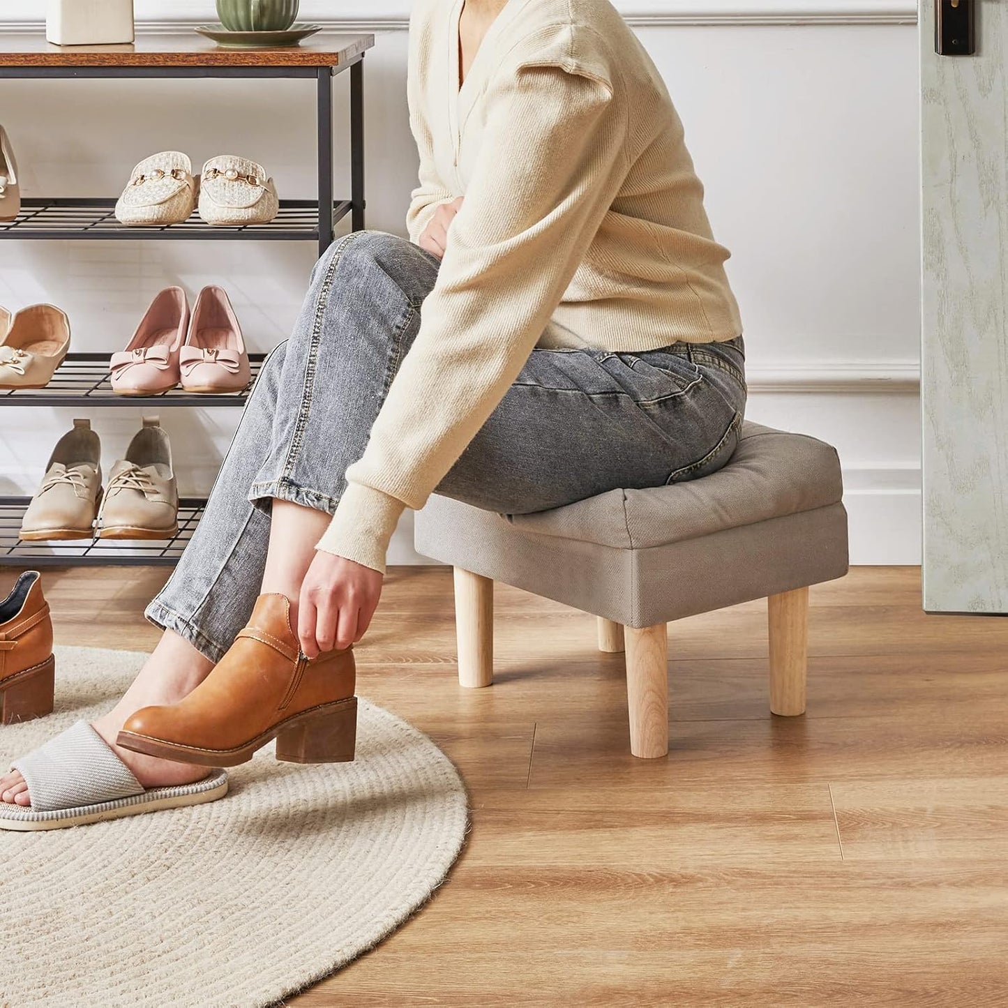 15.75" UHBD023G YMYNY Small Foot Stool Ottoman, Footrest with Sponge Soft Padded Seat, Cotton-Linen Blend Fabric