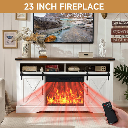 ROCKPOINT 58" Fireplace TV Stand for TV up to 65 Inch with Farmhouse Sliding Barn Doors, Highboy Entertainment Center with Storage Cabinet, 23" Electric Fireplace with Remote, White