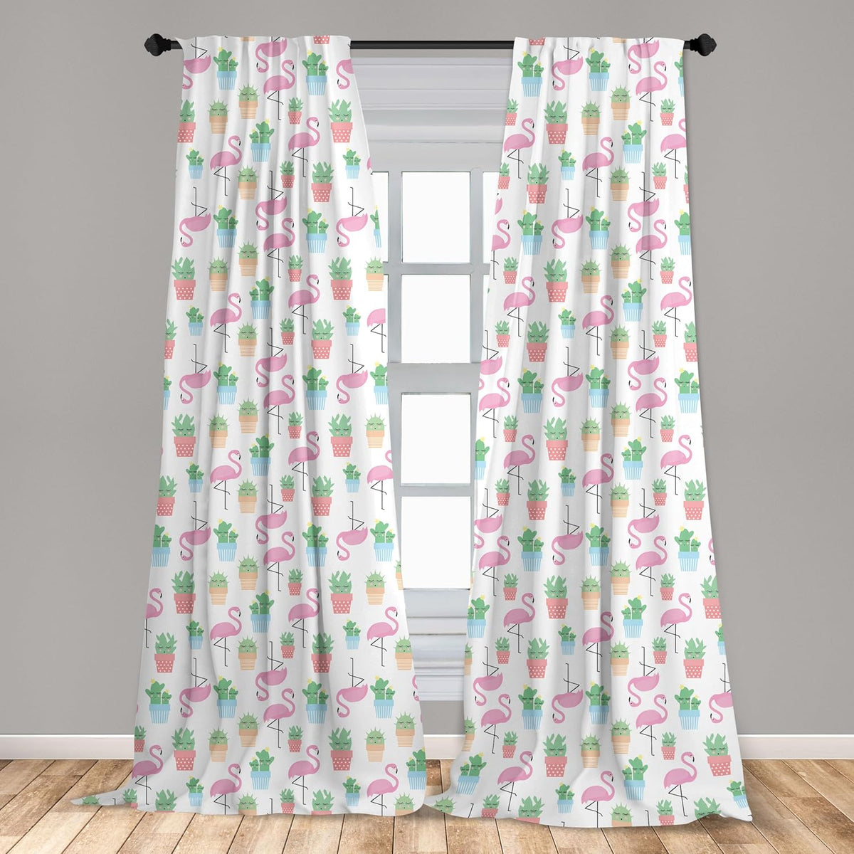Ambesonne Cactus Window Curtains, Flamingos and Sleeping Plants Cartoon Pattern, 2-Panel Set (28" x 63")