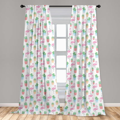 Ambesonne Cactus Window Curtains, Flamingos and Sleeping Plants Cartoon Pattern, 2-Panel Set (28" x 63")