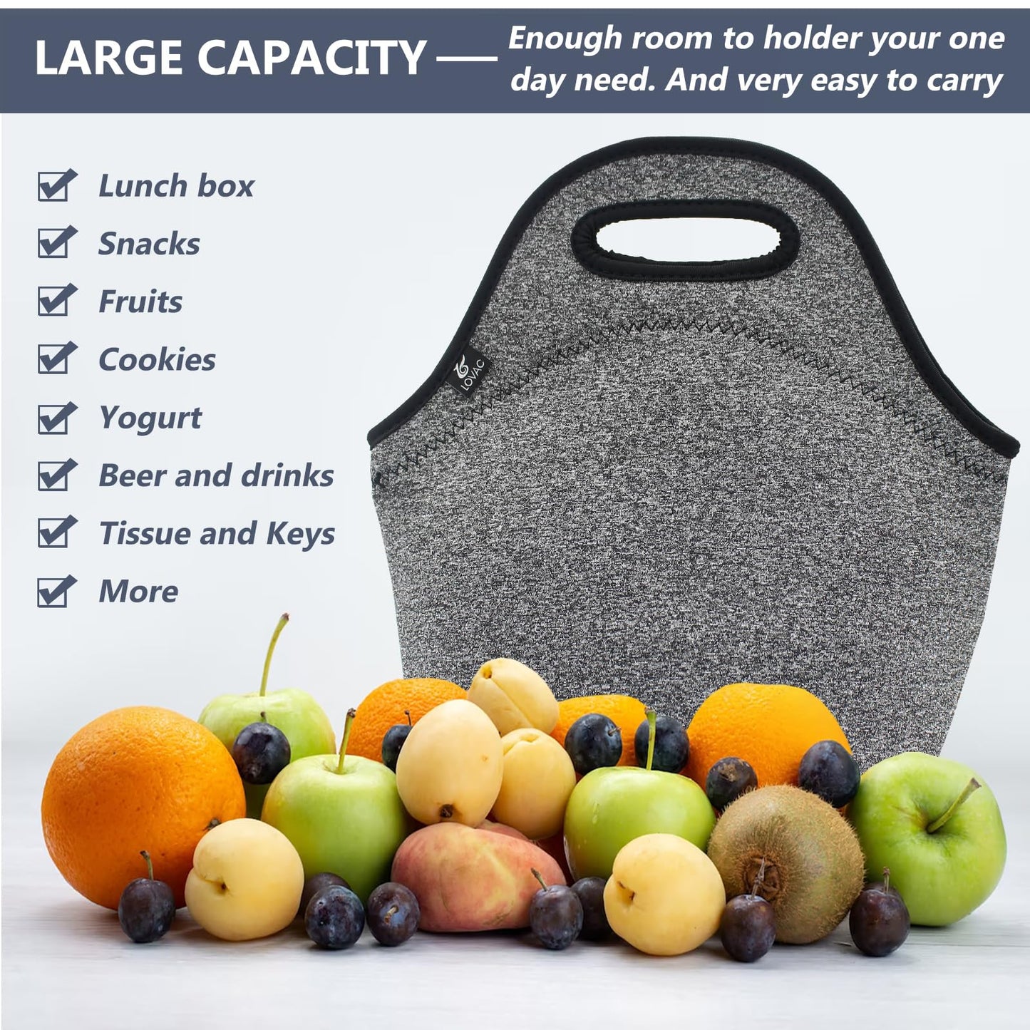 LOVAC Insulated Neoprene Lunch Bag for Men,Reusable Lunch Tote,Durable and Waterproof Lunch Bags,Soft and Lightweight (Black-Grey)