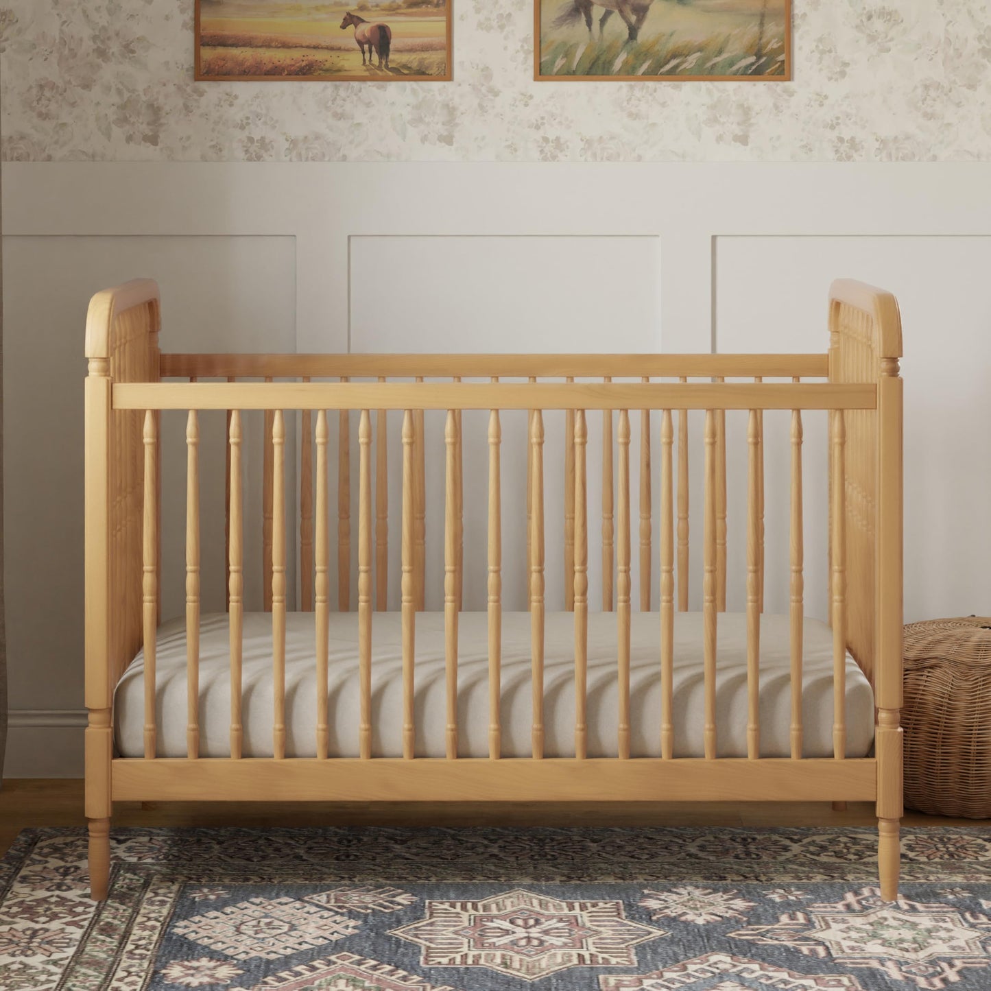 Namesake Liberty 3-in-1 Convertible Spindle Crib with Toddler Bed Conversion Kit in Honey, Greenguard Gold and FSC® Certified