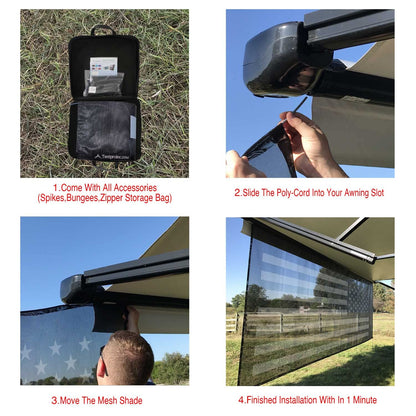 Tentproinc RV Awning Sun Shade Screen 8' X 16' 3'' (American Flag) Black Mesh Sunshade Camper Trailer Awning Shade Screen UV Blocker Completed Kits