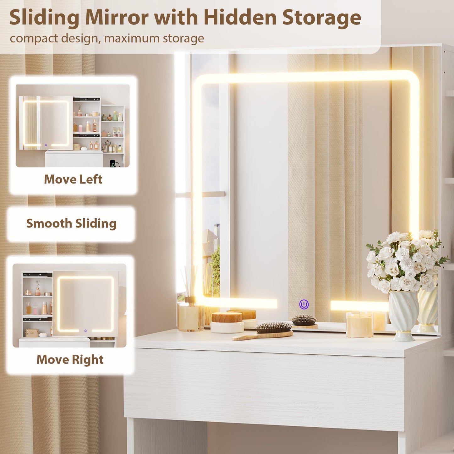 IDEALHOUSE Vanity Desk with Mirror and Lights, Vanity Table and Chair Set with 4 Drawers and Charging Station, Dresser LED Sliding Mirror with 3 Color Modes Adjustable Storage Shelves, White