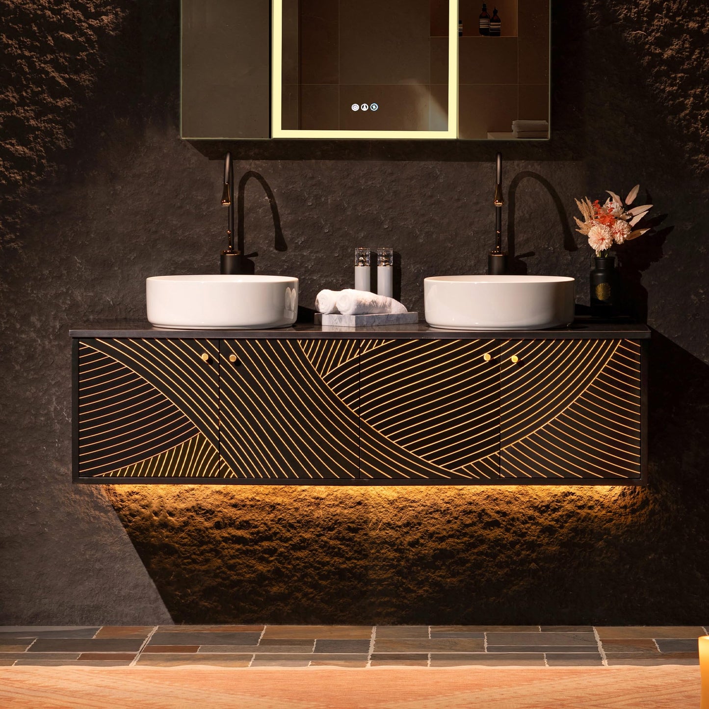 Woodbridge 60"X22" Wall Mounted Vanity with Double Ceramic Round Vessel Sinks,Black Engineered Stone Vanity Top,Floating Design with Hand-Painted Black & Gold Accents,Space-Saving for Modern Living