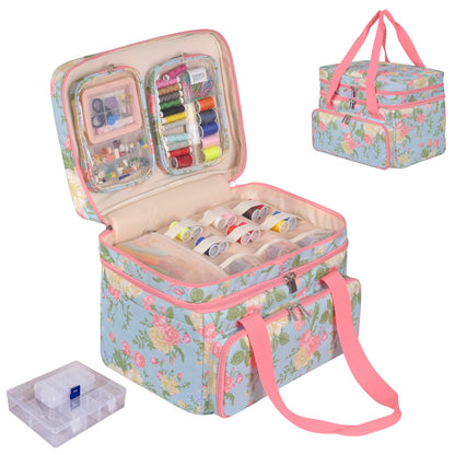 Remobia Hicol Sewing Accessories Organizer,Double Layer Sewing Storage Organizer Bag with 2 Detachable Pouches and 2 Pack Clear Plastic Organizer Box,Large Sewing Supplies (Rose Pattern)