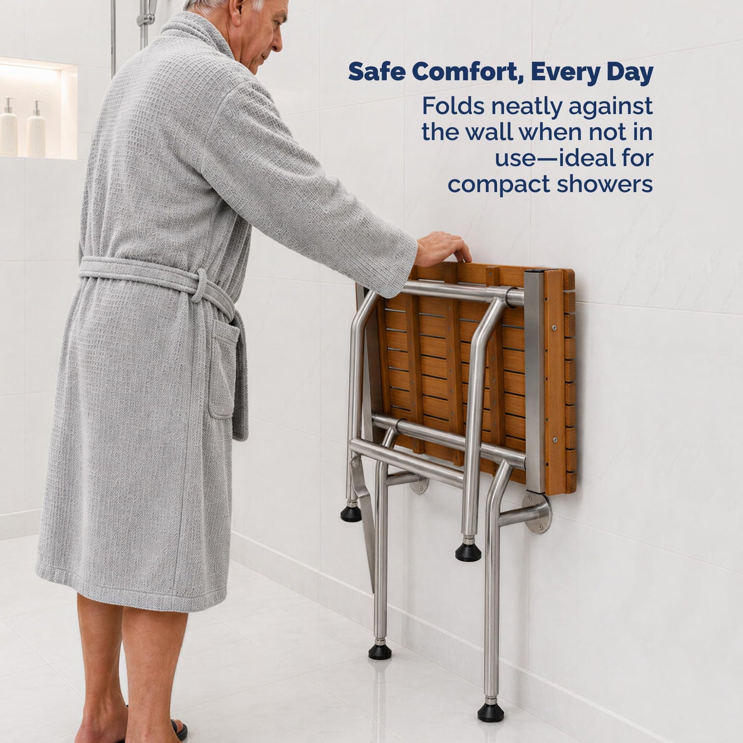 Teak Shower Seat Bench with Drop Down Legs – ADA Compliant Folding Teak Shower Bench, Wall Mounted Fold Up Bath Seat, 400 lb Capacity, Waterproof Teak Wood (24 Inches)