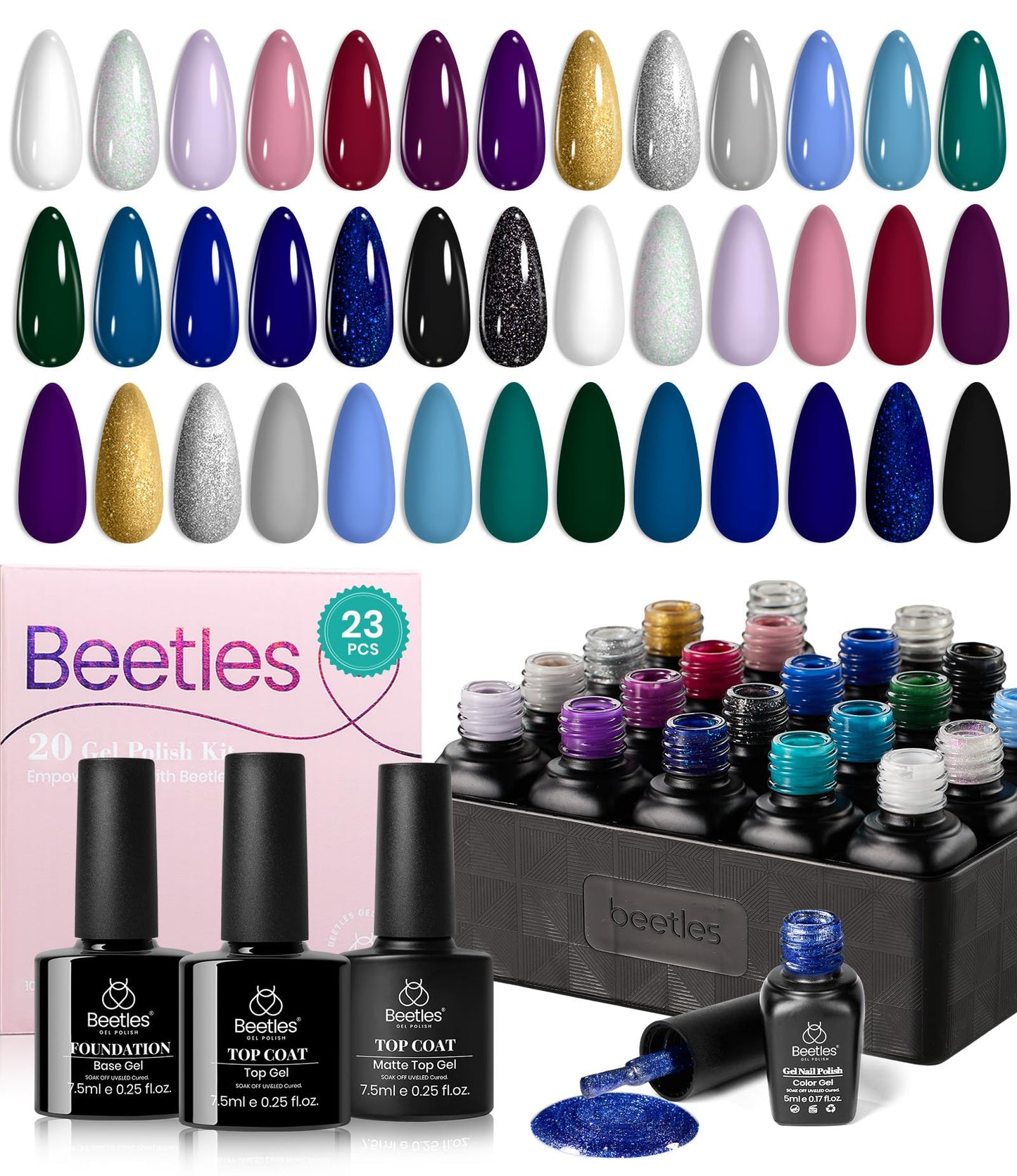 beetles Gel Polish Set - 23Pcs Macaroon Color Gel Nail Kit with Glossy Matte Top Coat Base Coat Yellow Pink White Purple Blue Glitter Bright Uv Nails Paradise Pastel Gel Halloween Gifts for Women