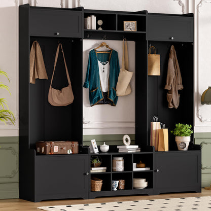 Merax Hall Tree with Shoe Storage, 4-in-1 Entryway Bench with Coat Rack & Adjustable Shelf & Top Storage for Hallway, Black