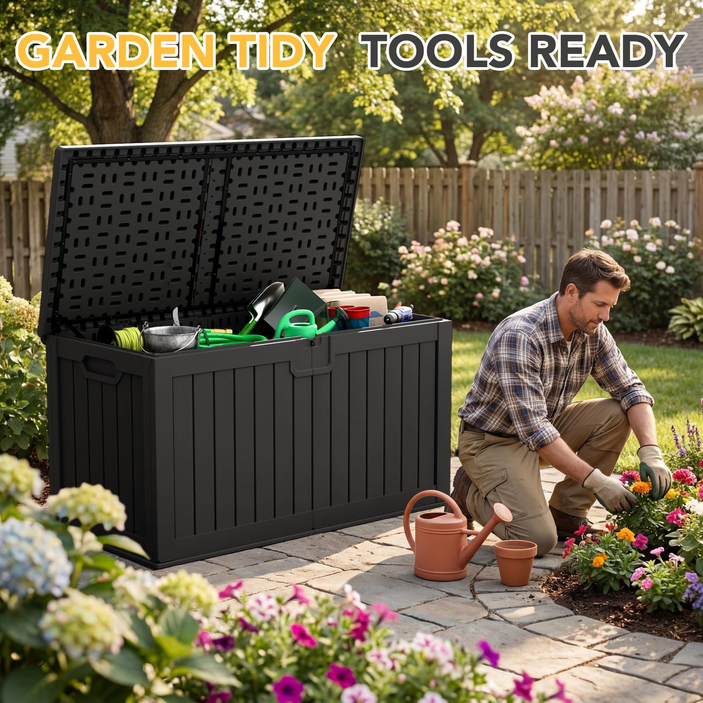 Acurax 240 Gallon HDPE Deck Box Outdoor Indoor Waterproof Storage Box for Patio Furniture, Pool Accessories, Garden Tools, and Cushion Storage, Black