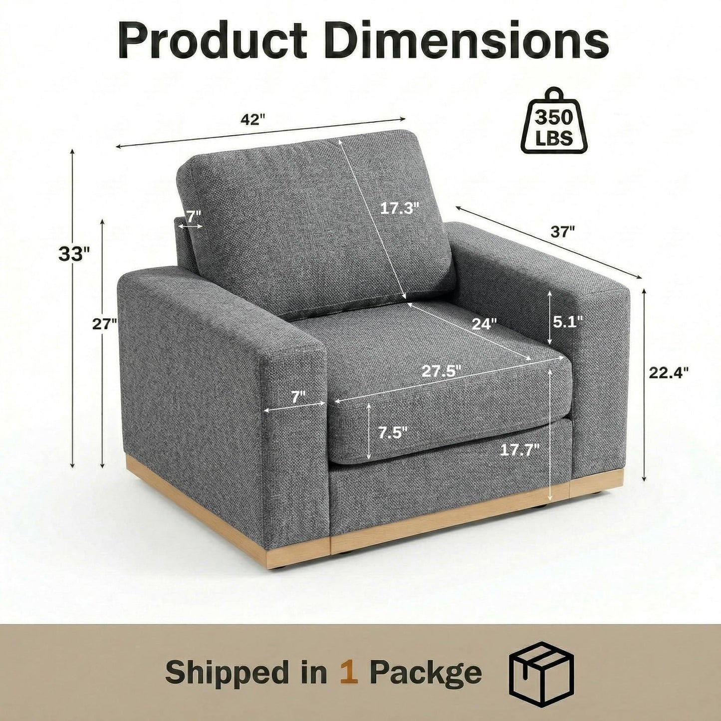 WEUP 42" Accent Chair for Living Room,Oversized Wide Single Sofa Chair,Chenille Fabric Armchair,Solid Wood Frame,Washable Covers，Spring Cushions,Easy Assembly for Small Spaces,Grey
